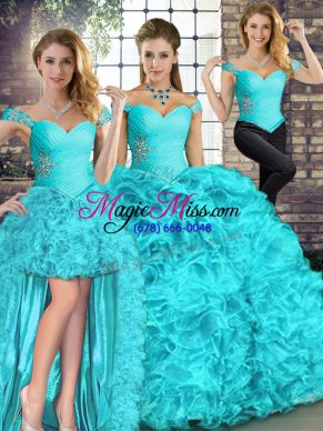 Sleeveless Floor Length Beading and Ruffles Lace Up Quince Ball Gowns with Aqua Blue