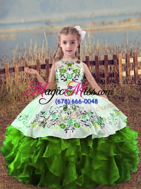 Dramatic Green Ball Gowns Embroidery and Ruffles Little Girls Pageant Gowns Lace Up Organza Sleeveless Floor Length