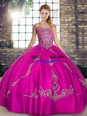 Fuchsia Lace Up Off The Shoulder Beading and Embroidery Ball Gown Prom Dress Tulle Sleeveless
