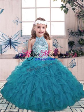Pretty Sleeveless Lace Up Floor Length Beading and Ruffles Child Pageant Dress