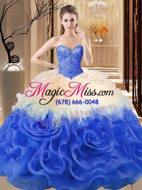 Multi-color Lace Up Sweetheart Beading and Ruffles Sweet 16 Dress Fabric With Rolling Flowers Sleeveless