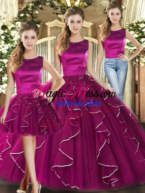 Fuchsia Lace Up Scoop Ruffles Ball Gown Prom Dress Tulle Sleeveless