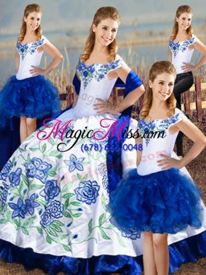 New Style Sleeveless Floor Length Embroidery Lace Up Quinceanera Dresses with Blue And White