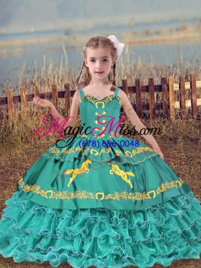 Attractive Ball Gowns Little Girls Pageant Dress Teal Straps Organza Sleeveless Floor Length Lace Up
