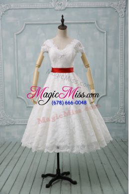 White V-neck Zipper Lace and Belt Wedding Dress Short Sleeves
