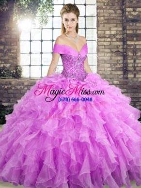 Sleeveless Beading and Ruffles Lace Up Vestidos de Quinceanera with Lilac Brush Train