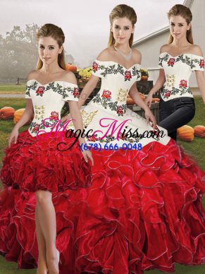 White And Red Three Pieces Embroidery and Ruffles Vestidos de Quinceanera Lace Up Organza Sleeveless Floor Length
