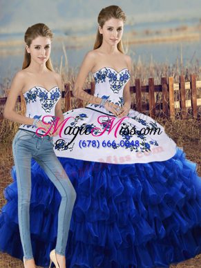 Royal Blue Organza Lace Up Sweetheart Sleeveless Floor Length Quinceanera Dresses Embroidery and Ruffled Layers and Bowknot