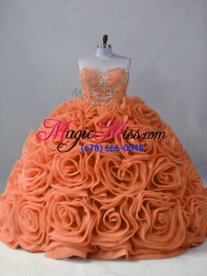 Sweetheart Sleeveless Brush Train Lace Up Quinceanera Gown Orange Fabric With Rolling Flowers