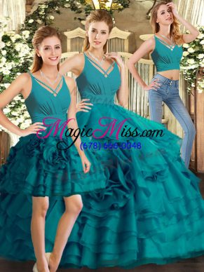 Sleeveless Organza Floor Length Backless Quince Ball Gowns in Teal with Ruffled Layers