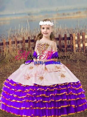 Beading and Embroidery and Ruffled Layers Kids Formal Wear Lavender Lace Up Sleeveless Floor Length