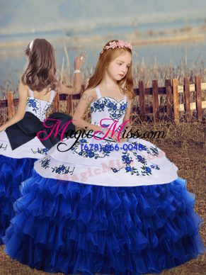 Floor Length Ball Gowns Long Sleeves Royal Blue Pageant Gowns For Girls Lace Up