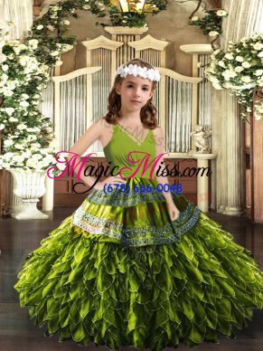 Customized Olive Green V-neck Neckline Appliques and Ruffles Little Girls Pageant Gowns Sleeveless Zipper