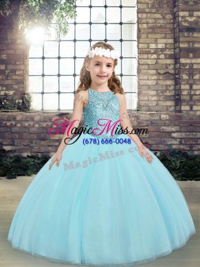 Aqua Blue Scoop Lace Up Beading and Appliques Little Girls Pageant Dress Sleeveless