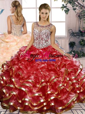 Hot Sale Scoop Sleeveless Organza Quince Ball Gowns Beading and Ruffles Lace Up