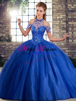 Sleeveless Beading Lace Up 15 Quinceanera Dress with Royal Blue Brush Train