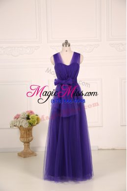 Purple Zipper Bridesmaids Dress Ruching Sleeveless Floor Length