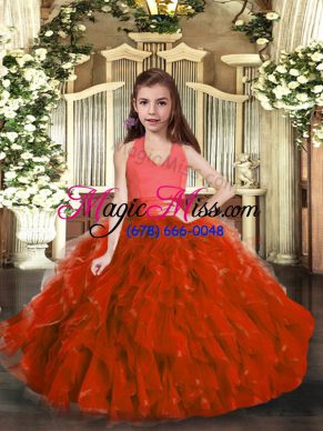 Dazzling Halter Top Sleeveless Custom Made Pageant Dress Floor Length Ruffles Rust Red Organza