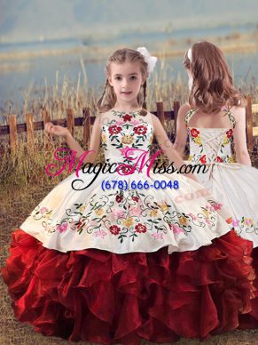 White And Red Ball Gowns Scoop Sleeveless Organza Floor Length Lace Up Embroidery and Ruffles Little Girls Pageant Dress