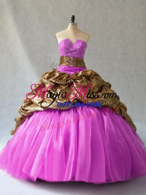 Sweet Organza and Printed Sleeveless Quinceanera Dress Brush Train and Beading and Pick Ups