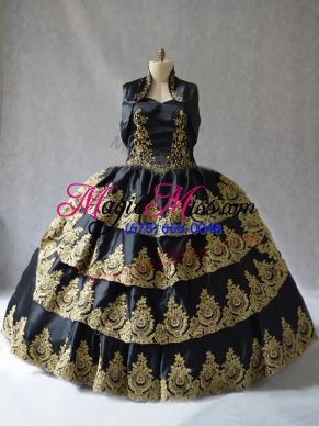 Captivating Black Lace Up Sweetheart Embroidery Quinceanera Dress Satin Sleeveless