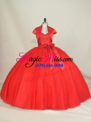 Red Tulle Lace Up Sweet 16 Quinceanera Dress Sleeveless Floor Length Beading and Bowknot