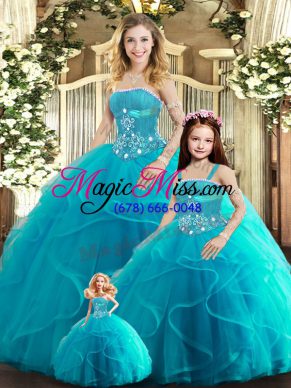 Aqua Blue Tulle Lace Up Sweet 16 Dress Sleeveless Floor Length Beading and Ruffles