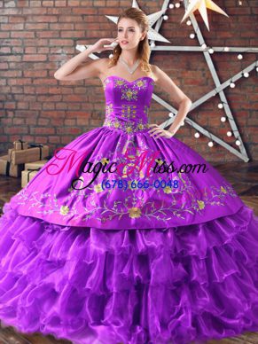 Elegant Purple Satin and Organza Lace Up Sweetheart Sleeveless Floor Length Quinceanera Gowns Embroidery and Ruffled Layers