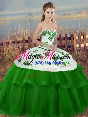 Shining Sweetheart Sleeveless Quinceanera Dress Floor Length Embroidery and Bowknot Green Tulle