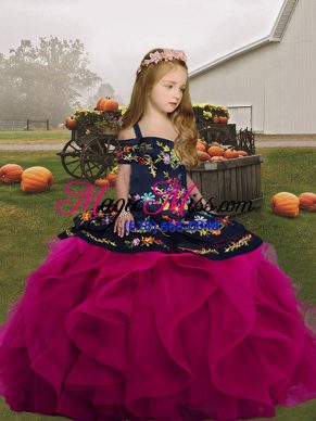 Custom Design Fuchsia Ball Gowns Straps Sleeveless Tulle Floor Length Lace Up Embroidery and Ruffles Pageant Dress