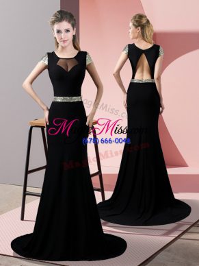 Satin Square Short Sleeves Sweep Train Backless Sequins Prom Dress in Black