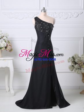Superior Black Prom Party Dress Taffeta Brush Train Sleeveless Beading and Lace