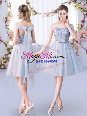 Lovely Sleeveless Knee Length Lace and Belt Lace Up Dama Dress for Quinceanera with Grey