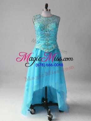 Empire Prom Party Dress Aqua Blue Scoop Tulle Sleeveless High Low Lace Up