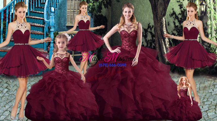 Traditional Scoop Sleeveless Brush Train Lace Up Sweet 16 Quinceanera Dress Burgundy Tulle