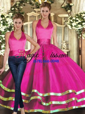 Top Selling Sleeveless Floor Length Ruffled Layers Lace Up Quince Ball Gowns with Fuchsia