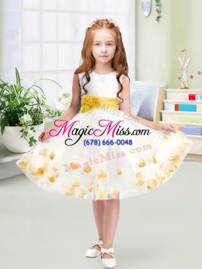 Appliques and Belt Toddler Flower Girl Dress White Zipper Sleeveless Knee Length