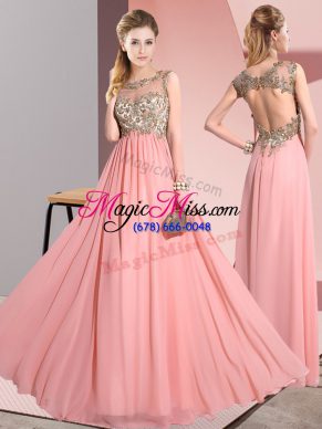 Scoop Sleeveless Wedding Guest Dresses Floor Length Beading and Appliques Pink Chiffon