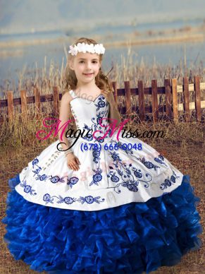 Organza Straps Sleeveless Lace Up Embroidery and Ruffles Little Girls Pageant Dress in Royal Blue