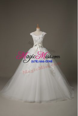 Unique White Sleeveless Brush Train Lace and Appliques and Belt and Hand Made Flower Wedding Dress