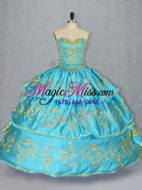 Shining Baby Blue Lace Up Quinceanera Gowns Embroidery and Ruffled Layers Sleeveless Floor Length