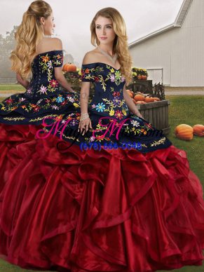 Enchanting Sleeveless Organza Floor Length Lace Up Ball Gown Prom Dress in Red And Black with Embroidery and Ruffles