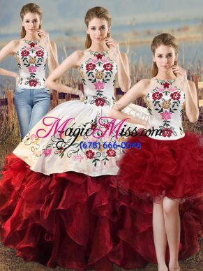 Attractive Embroidery and Ruffles Quinceanera Gowns White And Red Lace Up Sleeveless Floor Length