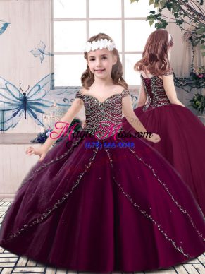 Burgundy Straps Neckline Beading Pageant Gowns For Girls Sleeveless Lace Up