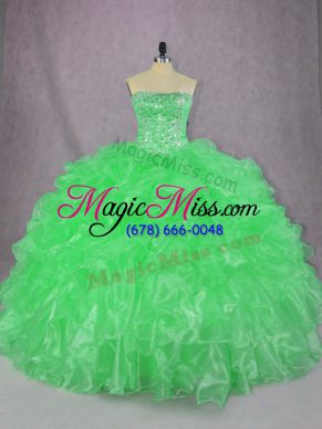 Customized Green Organza Lace Up Quinceanera Gown Sleeveless Floor Length Beading and Ruffles