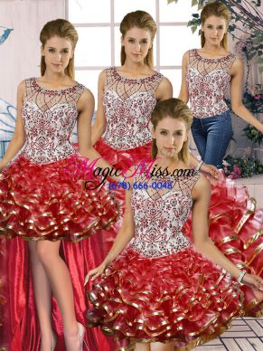 Floor Length Lace Up 15 Quinceanera Dress Red for Military Ball and Sweet 16 and Quinceanera with Beading and Ruffles