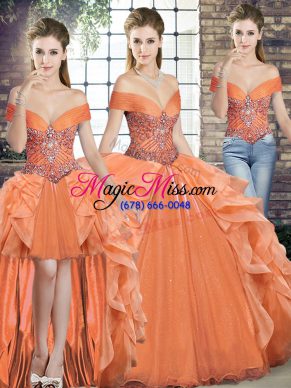 Popular Orange Lace Up Quinceanera Dress Beading and Ruffles Sleeveless Floor Length
