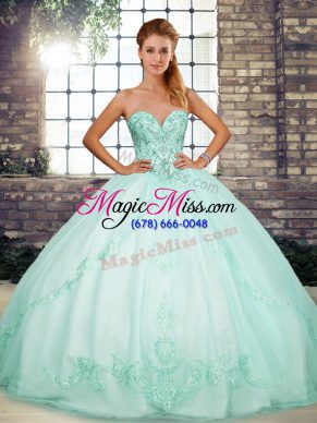 Extravagant Apple Green Ball Gowns Tulle Sweetheart Sleeveless Beading and Embroidery Floor Length Lace Up Quinceanera Dress