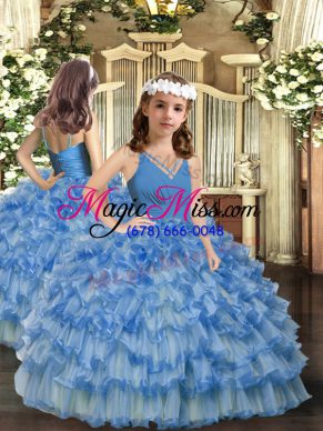 Excellent Blue Ball Gowns Organza V-neck Sleeveless Ruffled Layers Floor Length Zipper Little Girl Pageant Dress