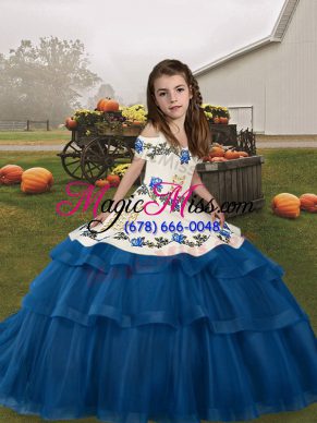Straps Sleeveless Lace Up Girls Pageant Dresses Blue Tulle